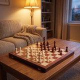 Échiquier pliant en bois Gambit sur une table basse de salon